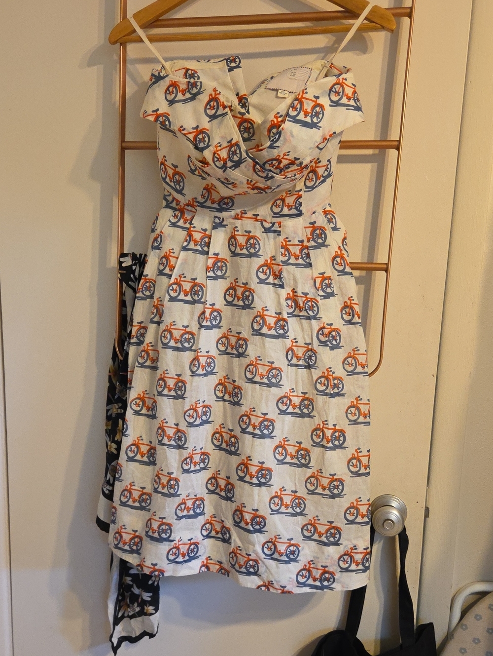 Anthropologie White Strapless Sundress with Orange & Blue Bicycle Print